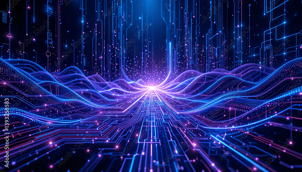 Poster a mesmerizing digital scene showcases intricate patterns of flowing lines and illuminated nodes agai