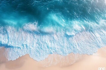 Aerial View of Ocean Waves Crashing on Sandy Beach Tranquil Coastal Scenery Natural Beauty : Generative AI