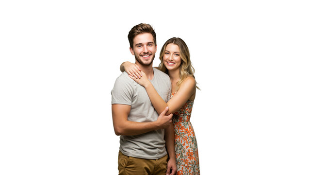Happy couple with bright smiles, embracing in a cheerful pose. They appear to be enjoying each other's company in a loving embrace.