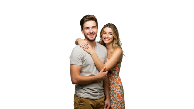Happy couple with bright smiles, embracing in a cheerful pose. They appear to be enjoying each other's company in a loving embrace. - Powered by Adobe