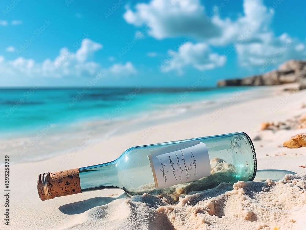 Poster beautiful glass bottle with a message washed up on a pristine beach under a clear blue sky : generat