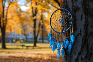 A Dreamcatcher Adorned with Feathers is Hanging on a Tree