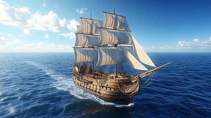 A beautiful sailing ship floats smoothly on a bright ocean