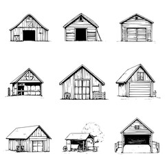Collection of Farm sheds line vector designs, Farm sheds illustration art