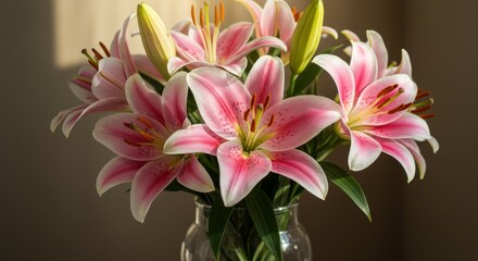Fototapeta premium Pink Lilies in Glass Vase - A bouquet of elegant pink lilies arranged in a clear glass vase, bathed in soft sunlight