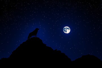 Naklejka premium Dire wolf silhouette of a wolf howling at the moon under a starry night sky on top of a dark mountain