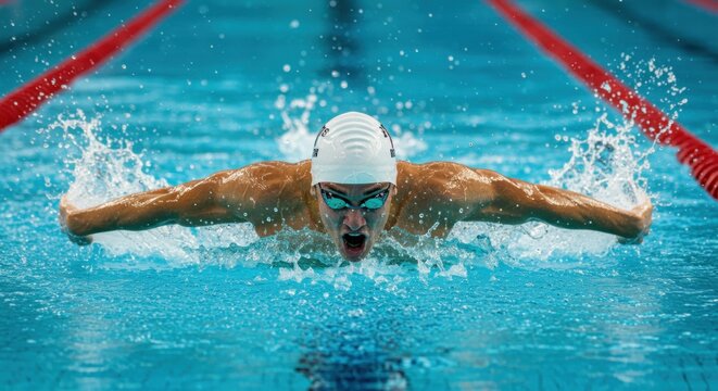 Competitive male swimmer performing butterfly stroke - Powered by Adobe