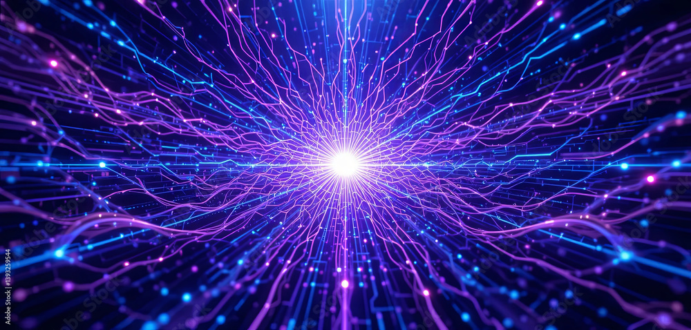 Poster a vibrant display of energy flows outward from a central bright point, featuring intricate lines and