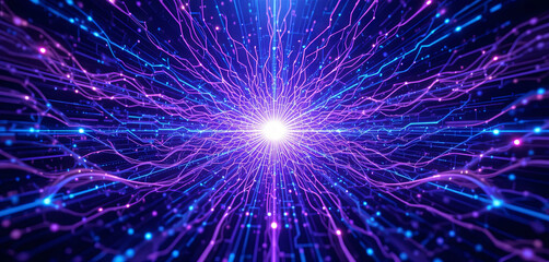 A vibrant display of energy flows outward from a central bright point, featuring intricate lines and colors that create a dynamic and mesmerizing visual effect