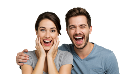 Couple Expressing Excitement: A man and woman joyfully react to something, their faces lit up with happy expressions and wide smiles.