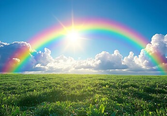 Vibrant Rainbow Arcing Over Lush Green Field Under Bright Sunny Sky with Fluffy Clouds : Generative AI