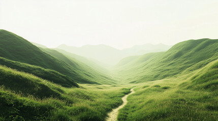 Fototapeta premium AI-generated landscape of a vast valley with a narrow trail extending into the distance. Ideal for themes of travel, exploration, tranquility, and outdoor adventure.