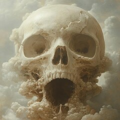 A detailed, realistic skull,  surrounded by ethereal clouds
