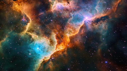 Fototapeta premium A stunning cosmic nebula filled with vibrant hues of orange, blue, and purple. Stars twinkle within the celestial cloud, highlighting the beauty of deep space
