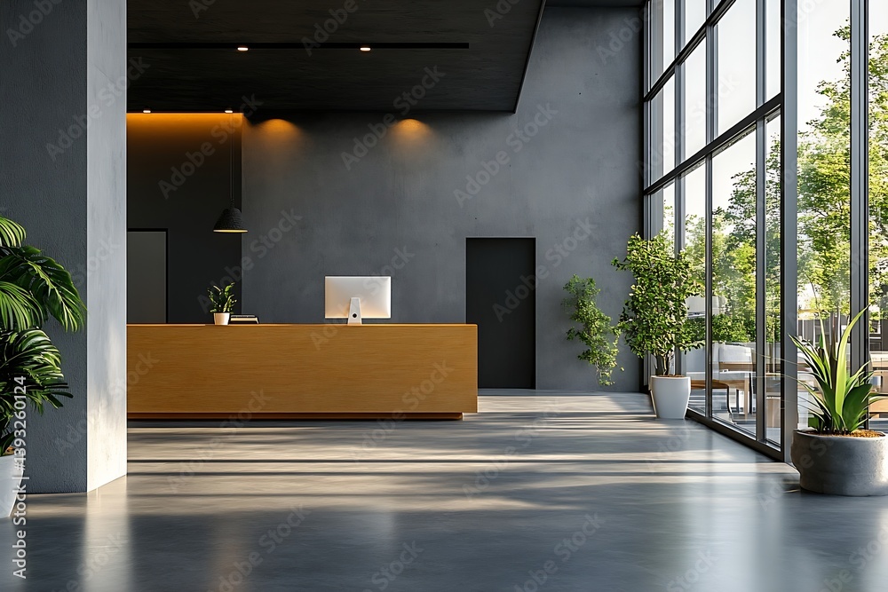 Aufkleber modern office reception area with wooden counter and large windows sleek interior design with plants