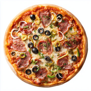 pizza, salami pizza, Italian food, cheese, olives, peppers, pizza slice, baked pizza, close-up food, melted cheese, pizzeria, food background, tomato sauce, mozzarella, traditional pizza, gourmet, cru