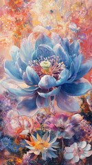 A beautiful flower with blue and pink hues rises above a garden filled with vibrant wildflowers, crafting an atmosphere that is both dreamy and ethereal, with soft colors and delicate features