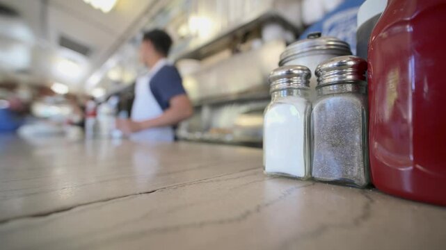 The assortment of Diner Table Condiments presented in an inviting Classic diner Setting