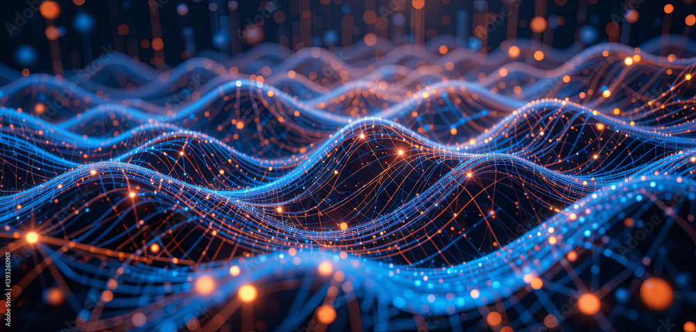 Poster a vibrant digital display showcases flowing waves composed of luminous lines and particles, creating