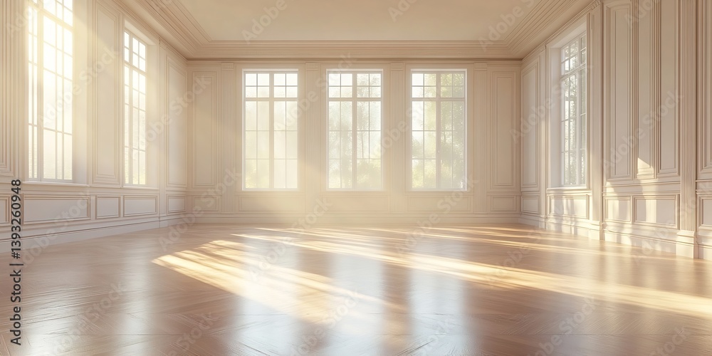 Aufkleber Bright Empty Room Interior with Sunlight Streaming Through Windows and Reflecting on Wood Floor : Generative AI