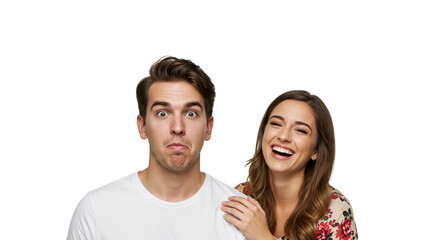 Obraz premium Expressive Couple: Woman laughing heartily while man makes a comically quizzical face, set against a clean background. Humorous contrast.