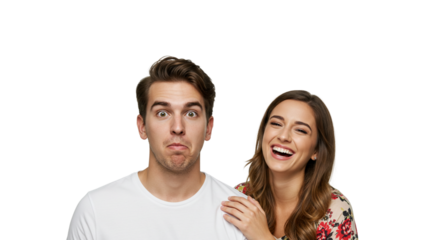 Expressive Couple: Woman laughing heartily while man makes a comically quizzical face, set against a clean background. Humorous contrast.