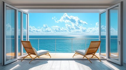 Fototapeta premium Coastal balcony with ocean view. Spacious modern balcony with panoramic ocean views, perfect for relaxation. Two comfortable outdoor chairs facing the horizon, bathed in natural light