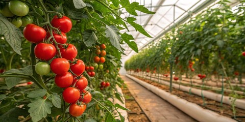 Tomato Harvest Ripe Red Tomatoes on the Vine in Greenhouse, agriculture ,farm