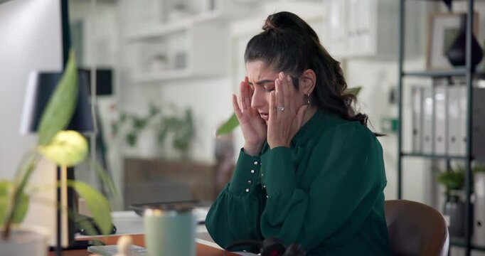 Frustrated woman, headache and headset with vertigo for overworked, pressure or strain at call center. Tired, female person or consultant with migraine for stress, deadline or fatigue at workplace