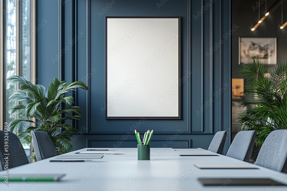 Poster sophisticated meeting room interior with blank frame mockup perfect for presentations and creative w