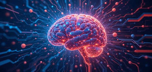 Fototapeta premium A vibrant representation of a brain surrounded by energetic connections illustrates advancements in technology, showcasing the interaction between neural networks and artificial intelligence