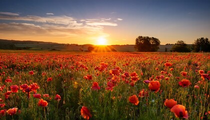 sunset over poppy field