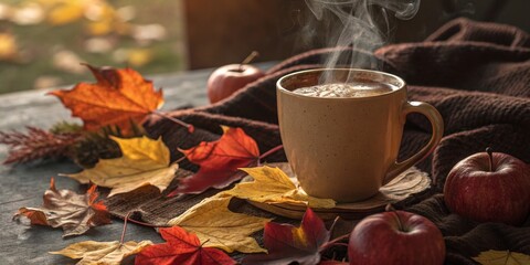 Steaming Cup with Autumn Leaves and Apples on Blanket, Fall , Cozy