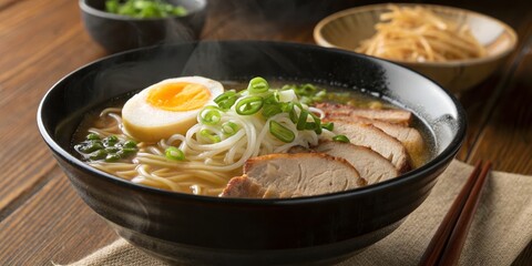 Steaming Bowl of Ramen with Egg, Pork and Green Onions, food , japanese cuisine