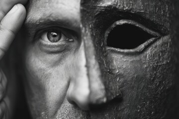 Naklejka premium Monochrome artistic portrait revealing a man's face partially covered by a textured dark mask, exploring themes of identity and inner struggle through contrasting elements.