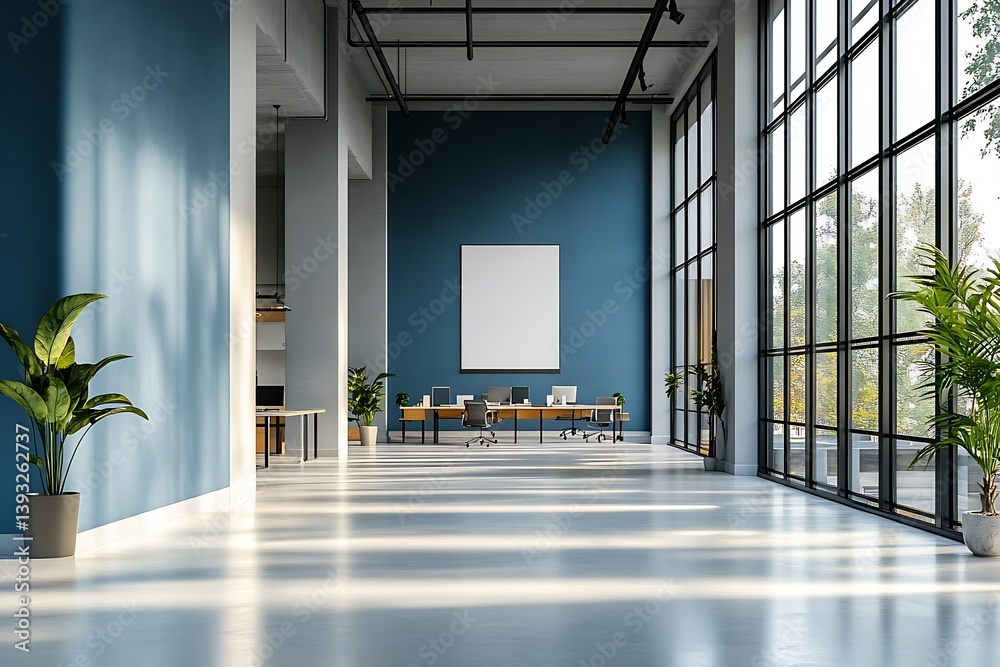 Poster modern open office interior with blue walls and large windows minimalist design light filled workspa