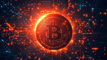 Glowing bitcoin symbol with futuristic circuitry and neon glow