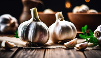 Obraz premium Garlic on the wooden board. Close up 