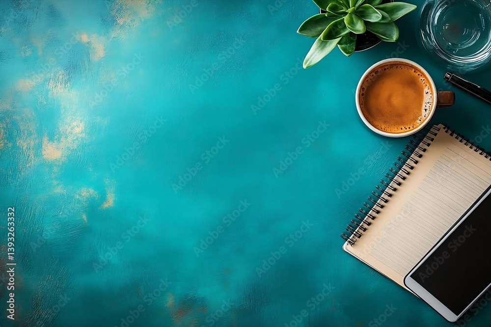 Leinwandbilder Teal Desk with Coffee Plant Notepad and Phone a Workspace Concept for Productivity and Organization with Copy Space : Generative AI