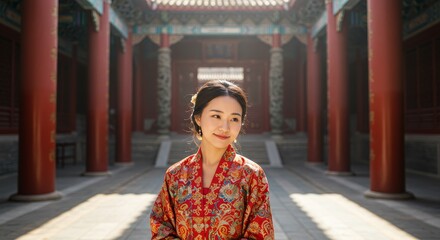 Fototapeta premium Serene Beauty: Young Woman in Traditional Chinese Dress at Ancient Temple - A young Asian woman, serene expression, wears a red and gold embroidered Chinese dress. Symbolizing grace, tradition