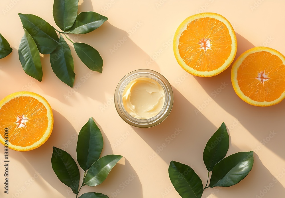 Poster Stylish arrangement of vibrant oranges with cream and greenery in a serene and minimalist setting : Generative AI