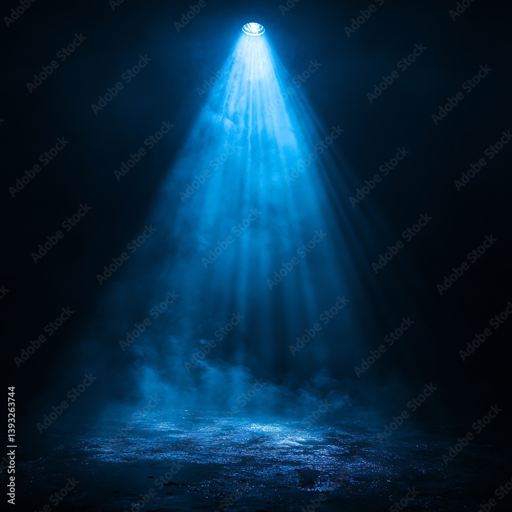 Poster blue spotlight beam illuminating stage with smoke and fog dramatic lighting effect for concert or ev