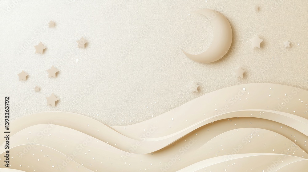Poster Creamy background featuring subtle stars and moon on wavy texture, ideal for personalized text and creative designs