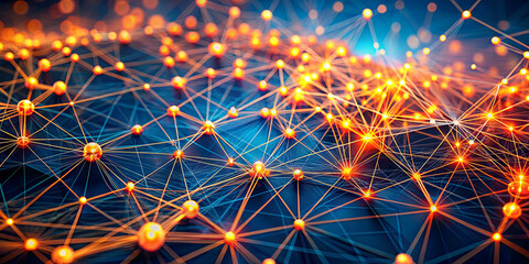 Fototapeta premium Brightly lit connections form a complex web against a dark backdrop, representing data transfer and digital communication in modern technology and networking