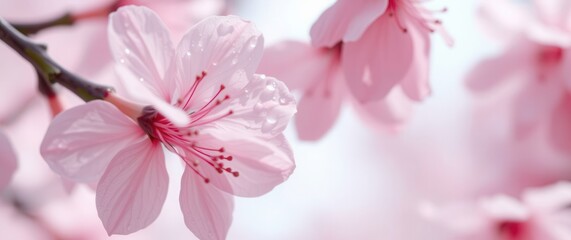 Obraz premium Delicate pink blossoms, petals gently holding water droplets, evoke spring's ethereal beauty and fragility.
