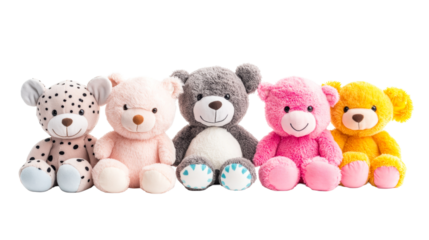 Line of colorful stuffed animals, five plush toys, assorted colors, cut out transparent