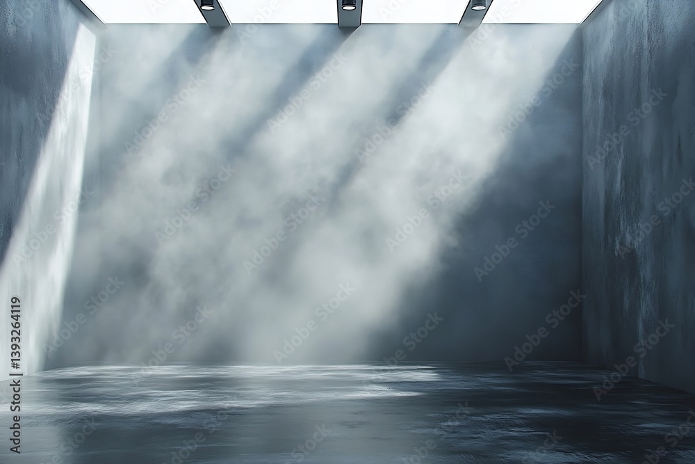 Aufkleber Empty Concrete Room with Fog and Spotlights Industrial Space Modern Architecture Minimalist Design Background : Generative AI