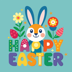 Happy Easter card with a cute cartoon bunny and colorful eggs, a spring holiday illustration