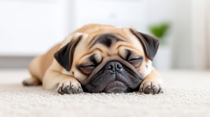 Sleeping Pug Puppy on Carpet, Soft Focus, Natural Lighting, High Resolution, Close-up Ground View, Sweet Peaceful Expression, Resting Indoors, Warm Beige Tones, Ideal for Pet Adoption Ads