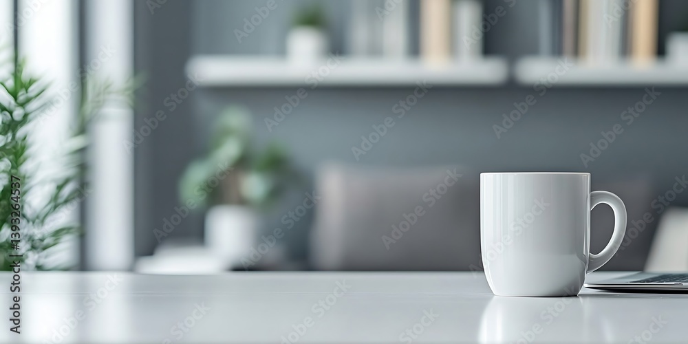 Aufkleber modern workspace with white coffee mug on desk blurred background with green plants minimalist and p